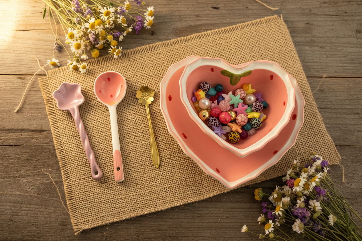 Country Theme - Pink Ceramic Bowl & Spoons